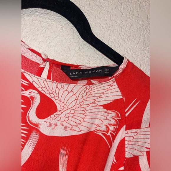 Zara Crane Bird Print Crepe Shift Dress Red Size Medium - Picture 4 of 9